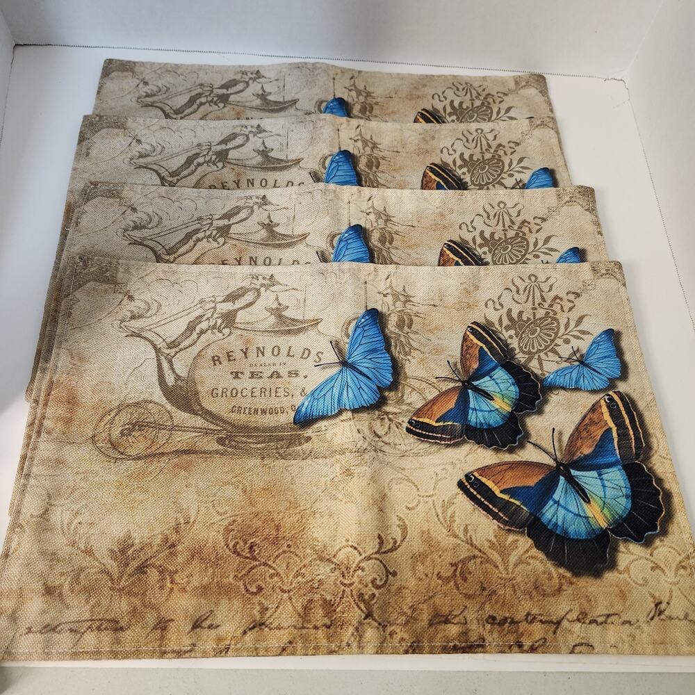Vintage Style Butterfly Linen Shabby Chic Placemats Set of 4 Rustic Farmhouse